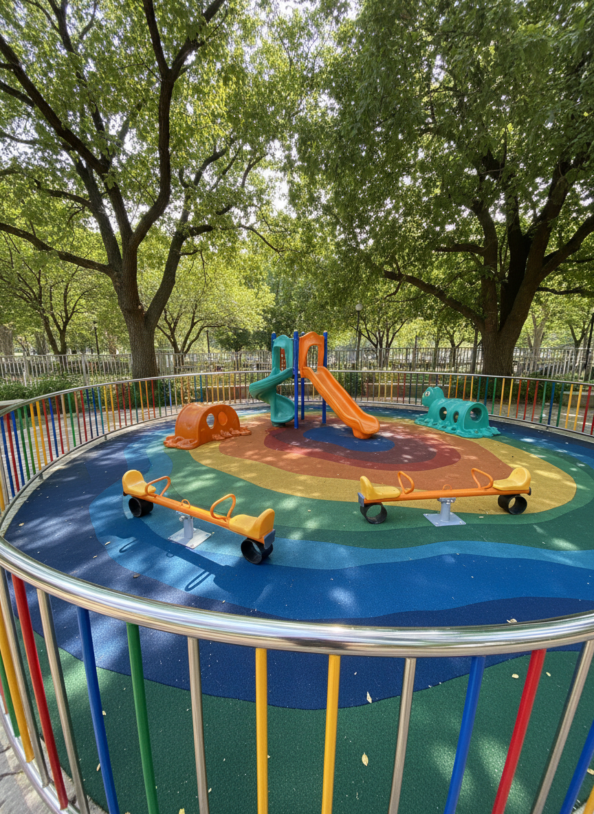A safe and inviting outdoor play area enclosed by a gently curved, brightly painted metal fence. The space features rounded plastic play structures—slides, tunnels, and seesaws—in cheerful colors like orange, lemon yellow, and turquoise, all sitting atop springy, rainbow-colored rubber flooring. Dappled sunlight filters through leafy shade trees, producing lively highlights and cool spots on the playground. The atmosphere is vibrant and playful, prioritizing safety and fun. Shot from a low, slightly angled perspective to emphasize the scale and accessibility, maintaining sharp focus and a vibrant, energetic color scheme that embodies the school’s spirit.