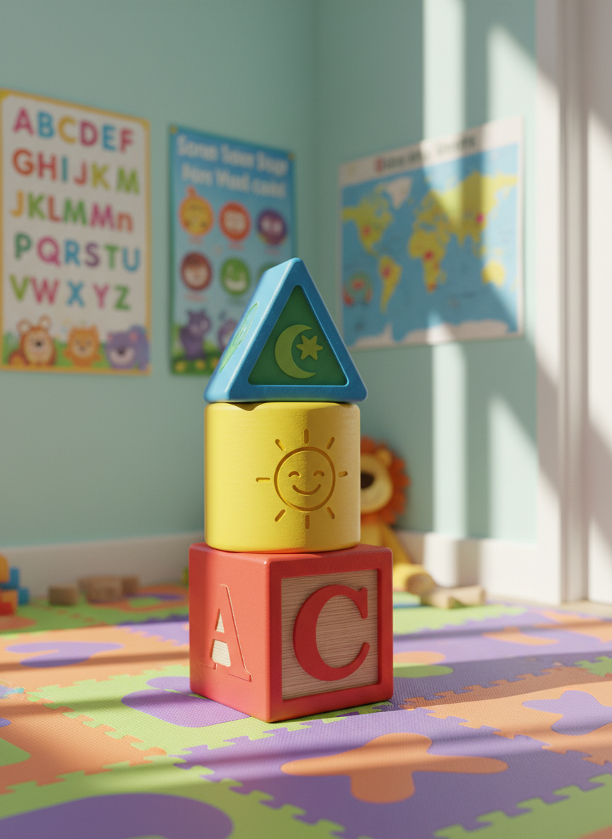 A whimsical stack of oversized, rounded wooden toy blocks painted in vivid primary colors, each featuring engraved letters and playful symbols. The blocks sit on a colorful interlocking foam mat in the corner of a bright classroom, against a pale teal wall with decorative educational posters. Sunbeams from large windows spill across the scene, creating patches of lively light and gentle shadows that add dimension. The overall ambiance is joyful and inviting, exuding creative energy and safe exploration. Photographed from a slightly elevated angle and arranged using the rule of thirds, the crisp, realistic details and dynamic layout convey curiosity and hands-on learning.