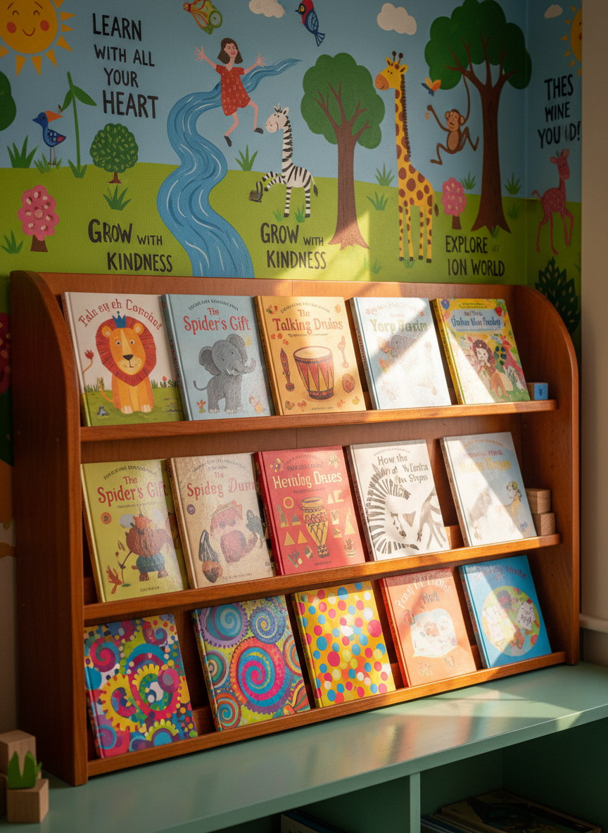 A polished wooden shelf lined with neat rows of vibrant illustrated children’s books, their glossy covers featuring animal characters, African folktales, and bright patterns. The shelf is set against a colorful mural wall depicting playful nature scenes and values-driven quotes. Afternoon sunlight streams through a nearby window, illuminating each book’s cover and casting soft, rounded-edged shadows on the mint-green shelf. The scene is energetic and welcoming, inviting discovery. Captured at eye level with sharp focus throughout, emphasizing photographic realism and a sense of organized creativity that resonates with holistic learning.